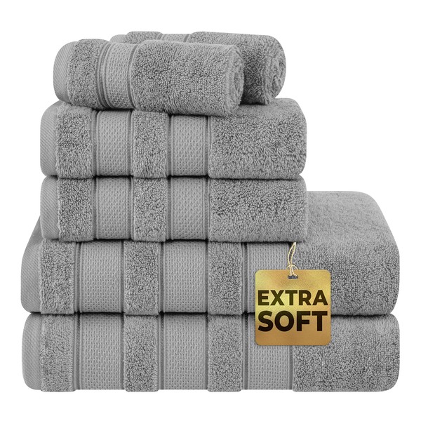 American Soft Linen Salem Bath Towel Set, 6 Piece Towels for Bathroom, 100% Turkish Combed Zero Twist Cotton, 2 Bath Towels 2 Hand Towels 2 Washcloths, Light Grey
