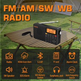 XHDATA D109WB Portable AM/FM/SW/LW/WB Weather Radio Shortwave Radio Receiver with NOAA Alert, Battery Operated Great Sound Wireless BT Mp3 Speaker, SOS Alert Alarm Clock Sleep Function