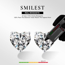 SMILEST 3ct Heart Moissanite Earrings for Women Men, D Color VVS1 Clarity Lab Created Earrings Solitaire Moissanite Earrings 925 Sterling Silver 3-Prong Heart Cut Moissanite Stud Earrings