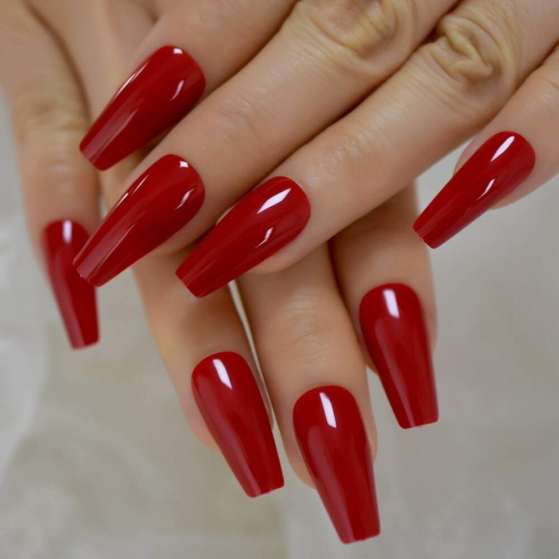 Gorgeous Red Press on Ballet False Nails Long Ruby-red Coffin