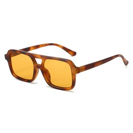 BAWUYI Retro Aviator Sunglasses Men Women Vintage 70s Square Glasses Double Bridge Trendy Rectangle Shades (Yellow Tortoise Frame/Orange Lens)