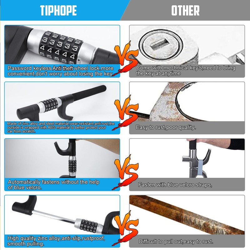 TIPHOPE Car Steering Lock Anti-Theft,Keyless Password High Security Wheel Lock