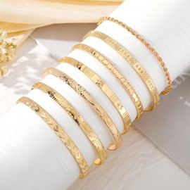 WATEFOER Pack of 7 Gold Bangle Bracelets for Women, 14k Gold-Plated Multi Layer Stackable Cuff Bracelet Set, Open Adjustable Bangle, Minimalist Textured Boho Jewellery, Gift for Women, One size, Metal