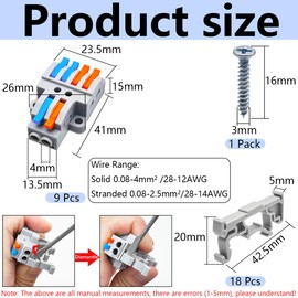 CESFONJER 2-in-4-out Terminal Blocks Kit (9 Sets), Lever Wire Connectors for Dual Input to Four Output Splicing, DIN Rail & Screw Mount, 28-12AWG Electrical Conductor, Incl Brackets & Screws