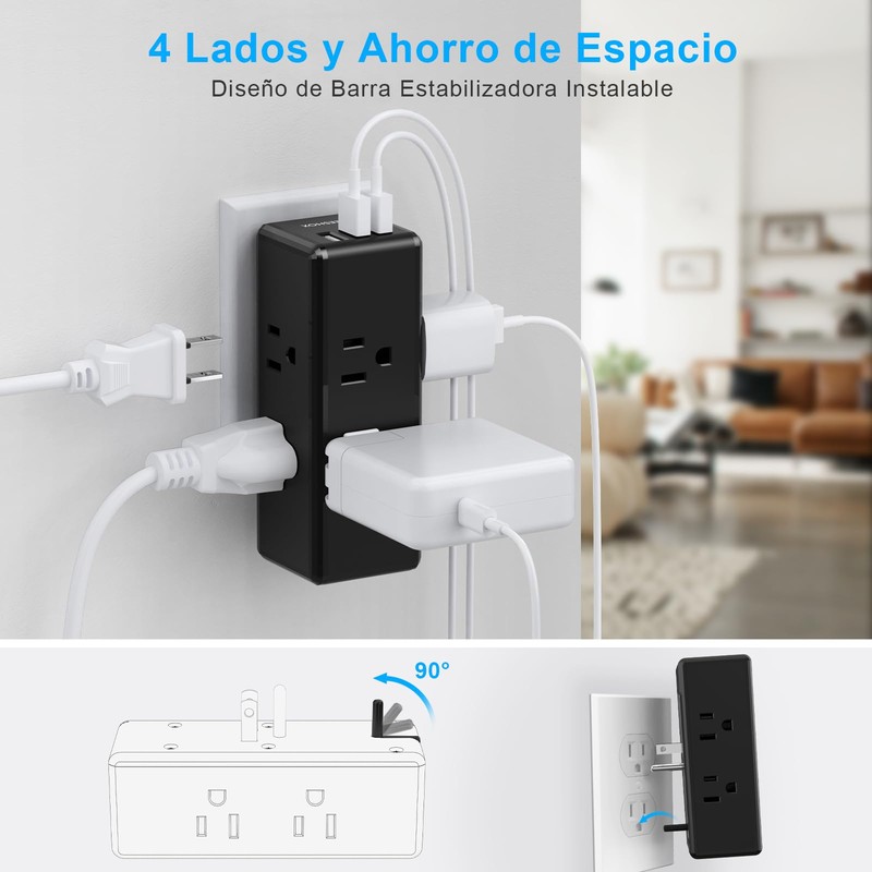 NVEESHOX Regleta Enchufe Multiple, Multicontacto USB con 6 Salidas CA
