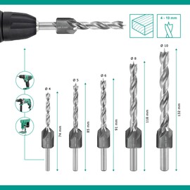 ENT 26515 5-Piece HSS-G Drill Countersink Set 4 5 6 8 10 mm Ground HSS Wood Twist Drill Bit in Plastic Case