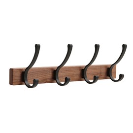 NIBNIE 16 Inch Small Walnut Wood Coat Rack Wall Mount with 4 Hooks, Adhesive & Drilling Mounted, Heavy Duty Wooden Wall Coat Hanger Hanging Towel Clothes Hat Bag Purse Key Jacket Backpack Holder