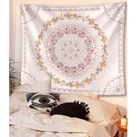 Lifeel White Bohemian Tapestry Wall Hanging, Mandala Floral Medallion Hippie Tapestry with Light Brown Aesthetic Wreath Design, Cream Wall Decor Blanket for Bedroom Home Dorm, Large 68×80 inches