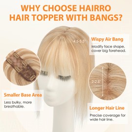 Hairro Human Hair Toppers For Women Wispy Air Bangs 3D Cover Remy Top Hair Pieces Clip On Wiglet Hair Extensions Balayage Handmade Toupee Hairpiece 10 Inch 36g #12P613 Golden Brown Mix Bleach Blonde