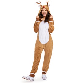 Tipsy Elves' Women's Rudolph The Rednosed Reindeer Jumpsuit - Cute Brown Rudolf Holiday Animal Onesie Size Small