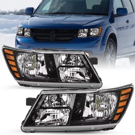 SOCKIR Headlight Assembly Fit for 2009-2020 Dodge Journey Headlamp Replacement OEM Black Housing with Amber Reflector LH+RH (Set of 2)