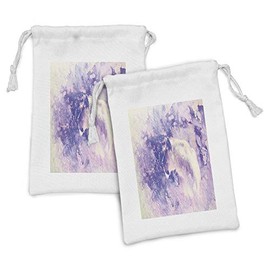 Lunarable Purple Marble Print Fabric Pouch Set of 2, Wild Nature Fauna Animal with Lioness, Small Drawstring Bag for Toiletries Masks and Favors, 9" x 6", Blue Violet Champagne