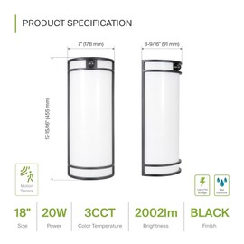 ASD 18 Inch Motion Sensor LED Outdoor Sconce Lights - 20W 3000K 4000K 5000K Black Exterior Lighting Fixtures, Dimmable Exterior Lights for House, Modern Patio Wall Light Fixture ETL