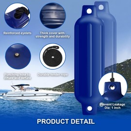 Turmaster Boat Fenders 4 Pack 6.5'' x23'', Ribbed Twin Eyes Boat Fenders Bumpers for Docking, Inflatable Marine Boat Bumper with 4 Ropes, 4 Needles and 1 Pump，Blue