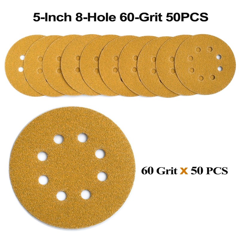 Aiyard 5-Inch 8-Hole Hook and Loop Sanding Discs 60-Grit Random
