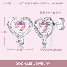 Dochais Earrings 925 Sterling Silver Stud Earrings Heart Earrings Women's Stud Earrings Silver Birthstone Earrings Cubic Zirconia Jewellery Gift for Women, Sterling Silver, No Gemstone