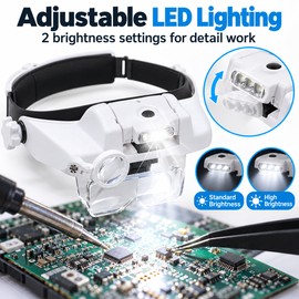Rechargeable LED Headband Magnifier for Precision Work – Interchangeable Lenses and Adjustable Fit for Soldering & Crafts