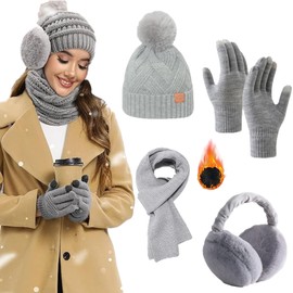 4 PCS Gorro de Invierno para Mujer con Sombrero,Bufanda,Guantes y Orejera,Conjunto Invierno Cálido de Punto, Guantes para Pantalla Tácti,Gorro con Pompón,Apto para Invierno Hombres y Mujeres