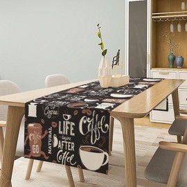 Camino de mesa con temática de café, café, retro, color negro, bufandas, estilo rústico, para cocina, comedor, mesa de centro, decoración de cabina, hogar, fiesta, 13 x 60 pulgadas