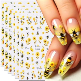 3D Nail Art Stickers Bee Flower Nail Decals Spring Summer Nail Art Supplies Sunflower Bee Flower Leaves Nail Designs Self-Adhesive Manicure Sliders for Women DIY Acrylic Nail Decorations 6 Sheets