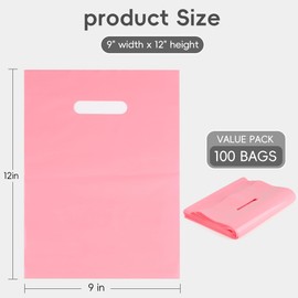 POPGIFTU Pink Plastic Bags with Die-Cut Handles 100 Pack - 9x12 Inches, 1.75 Mil Thick Glossy Pink Retail Shopping Bags Bulk for Gift Wrapping, Party Favors, Birthday, Small Business & Store