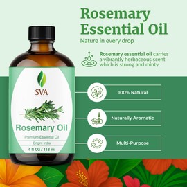 SVA Rosemary Essential Oil – 4 Fl Oz – 100% Natural Rosemary Oil for Hair, Face, Skin Care, Diffuser, Aromatherapy, Scalp, Body Massage, Soap and Candle Making – with Dropper