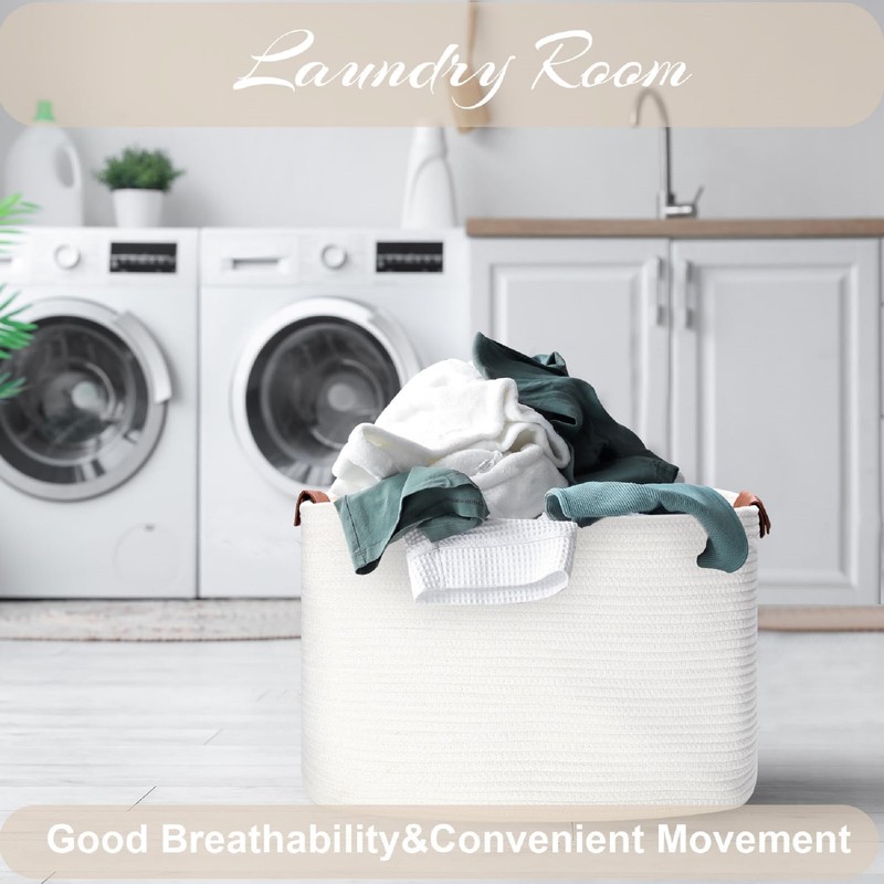 Large Cotton Rope Storage Basket with Leather Handles, Laundry Hamper