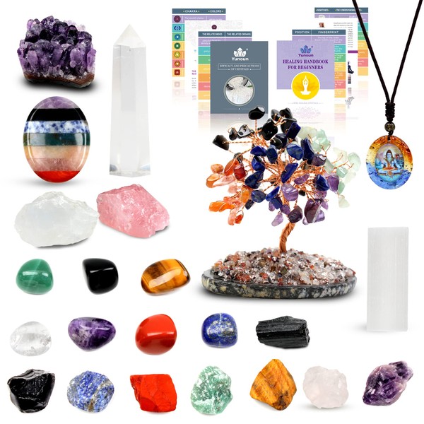 Natural Healing Crystals and Chakra Stones Set with Amethyst Cluster, Thumb Worry Stone，Selenite，Crystal Tree, Tourmaline，Large Rose and White Crystal for Cleaning Healing Energy,Reiki (Multicolour)