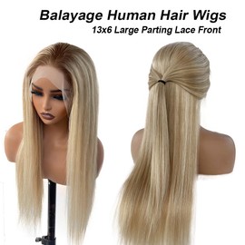 Smartinnov Balayage Ash Blonde Human Hair Wigs 150% Density Ombre Chestnut Brown to Ash Blonde Highlight 13x6 HD Lace Frontal Wig 16 Inch Silky Straight Pre Plucked with Baby Hair Glueless for Women