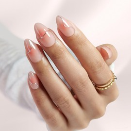 Almond Press On Nails Short | GJZEZ Pink Blush Aura Fake Nails with 3D Metallic Silver Swirl Design, Seamless Salon Grade Glossy False Nail | 16 Sizes - 32 Reusable Nail Kit with Glue, Flowing Curves