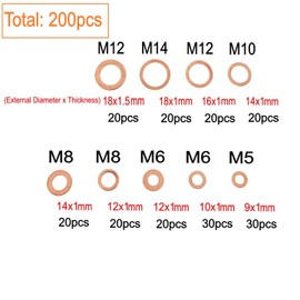 JZK 200pcs Metric Assorted Copper Gasket Washers M5 M6 M8 M10 M12 M14 Motorcycle Oil Drain Plug Brake Metal Grommet Assortment Kit