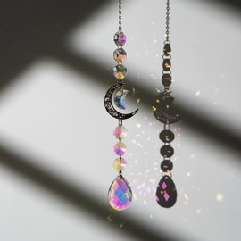 TENGFENG Sparkling Crystal Star Moon Window Entrance Decor Amulet Pendant Popular Quartz Glass Sun Catcher Kit for Love, Feng Shui Enhancement Hanging Window/Entrance/Car Decor (Silver Moon-A)
