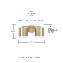 Capital Lighting 153021MA-549 Weller Modern Clear Seeded Glass/Metal Dual Shade Cylindrical Bathroom Vanity, 2-Light 200 Total Watts, 8" H x 15" W, Matte Brass