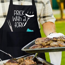 BBQ Aprons for Men, Funny Cooking BBQ Apron in Black Cotton, Adjustable with 2 Pockets, Birthday, Christmas, Cooking Gifts for dad, chef, husband, him - Prick with a Fork