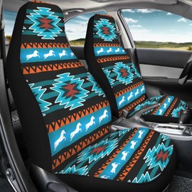 Aztec Western Car Seat Cover, Southwest Horse High Back Stretchy Car Seat Protector Cover for Women, Comfortable 2 Piece Car Seat Covers Universal Fit for Most Cars, Blue