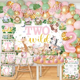Cocomigo128Pcs Two Wild Birthday Decorations Girl, Jungle Safari Theme 2nd Birthday Decorations for Girl, Born Two Be Wild Birthday Decorations Girl, 2 Year Old Birthday Decorations Girl