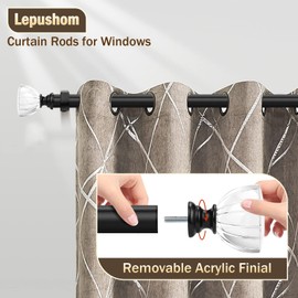 Lepushom 1 Inch Diameter Single Window Rods 1 Pack, Adjustable Curtain Rod 43 to 66 Inches, Black Single Window Rod, Decorative Drapery Rods With Acrylic Crown Finials