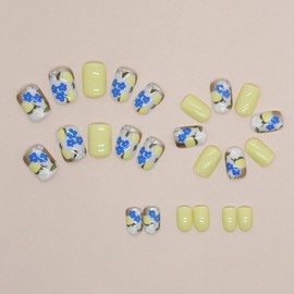 Square Press on Nails Short Fake Nails with Flower & Lemon Designs Glossy Glue on Nails Summer Acrylic Nails Cute False Nails Yellow Full Cover Artificial Stick on Nails for Women 24Pcs