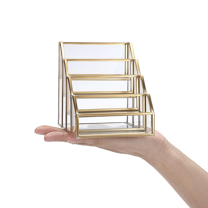 Hipiwe 4 Slots Glass Business Card Holder for Desktop, Gold