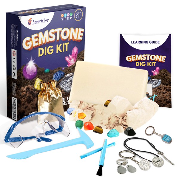 Gemstone Dig Kit - STEM Educational Science Toys - Excavate 12 Real Gems & Crystals - Gemology & Rock Mining Digging DIY Activity - Archaeology Geology Party Favors Gift for Age 3+ Boys, Girls, Kids