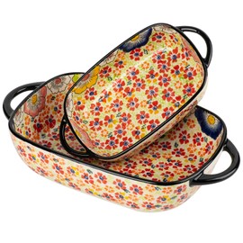 ONECCI Retro pastoral style Ceramic Baking Dish Rectangular Bakeware Set Baking Pan, 2-piece Hand-painted Porcelain Baking pan with handle, Casserole Dish for Oven/Cooking/Kitchen (Romantic Flower)