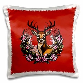 3dRose 16x16 inch Pillow Case - Arkansas Deer with Antlers and Apple Blossom Tattoo Art Vector Art - Arkansas State Mammal Flower