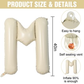 Letter Balloons Beige,40 Inch Letter M Balloons,A-Z Alphabet Name Foil Balloons,Big Single Cream Aluminum M Word Balloons Helium for Birthday,Anniversary,Baby Shower,Wedding Party Supplies Decorations