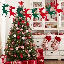 Christmas Decorations Red and Green Felt Christmas Deer Banner Garland, 8pcs Xmas Deer Streamer for Indoor Holiday Wall Window Door Decoration