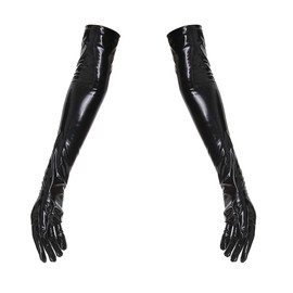 YUDATPG Women Long Gloves PU Leather Stretchy Faux Leather Daily Costume Opera Party Evening Ruffled Elbow Gloves Cosplay Wedding, black, XL