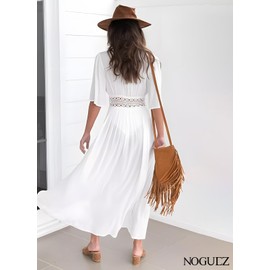 Noguez. Pareo de Playa para Mujer, Vestido de Playa para Mujer, Cubre Bikini, Vestido Largo para Traje de Baño, Cover Up. (MX/US, Alfa, X-Grande, Regular, Regular, Blanco)