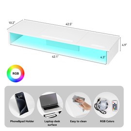 TV Riser Stand with LED Lights, 42.5in Super Large Monitor Stand with Phone Tablet Holder, Tabletop TV Stand Riser for Desk, Desktop Organizer for Computer, TV, Laptop, Printer