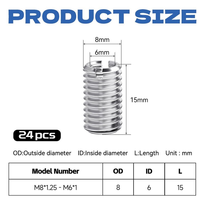 Jyvex Thread Insert M8 to M6 x 15 mm, Pack