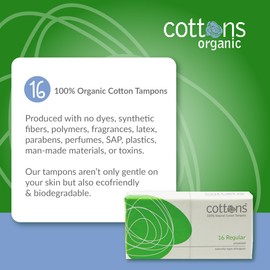 Cottons, 100% Natural Cotton Tampons, Regular, Unscented, 16 Tampons