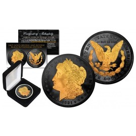 Merrick Mint Black Ruthenium 2-Sided 1921 Original AU Morgan Silver Dollar with Gold Clad Highlights Obverse & Reverse with Box